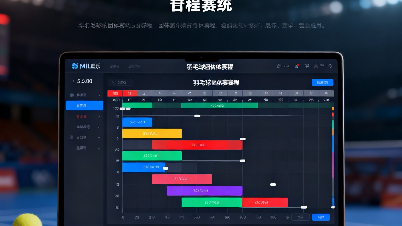MILE米乐赛程设计系统操作界面截图，展示了一张某羽毛球团体赛的赛程甘特图，不同颜色标记了各场地的时间占用情况。